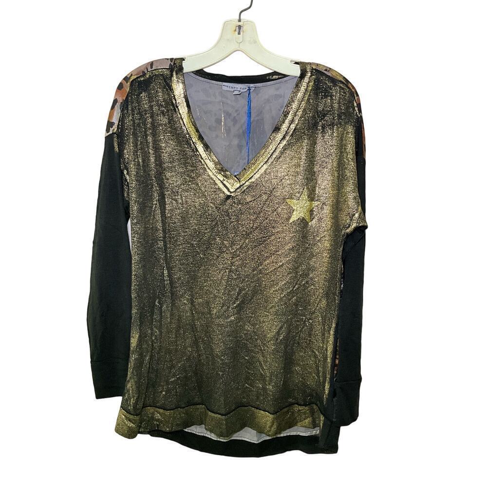 Tempo Paris Shirt Top Women's M/L Black/Gold Glitter Leopard Print V-Neck Cotton